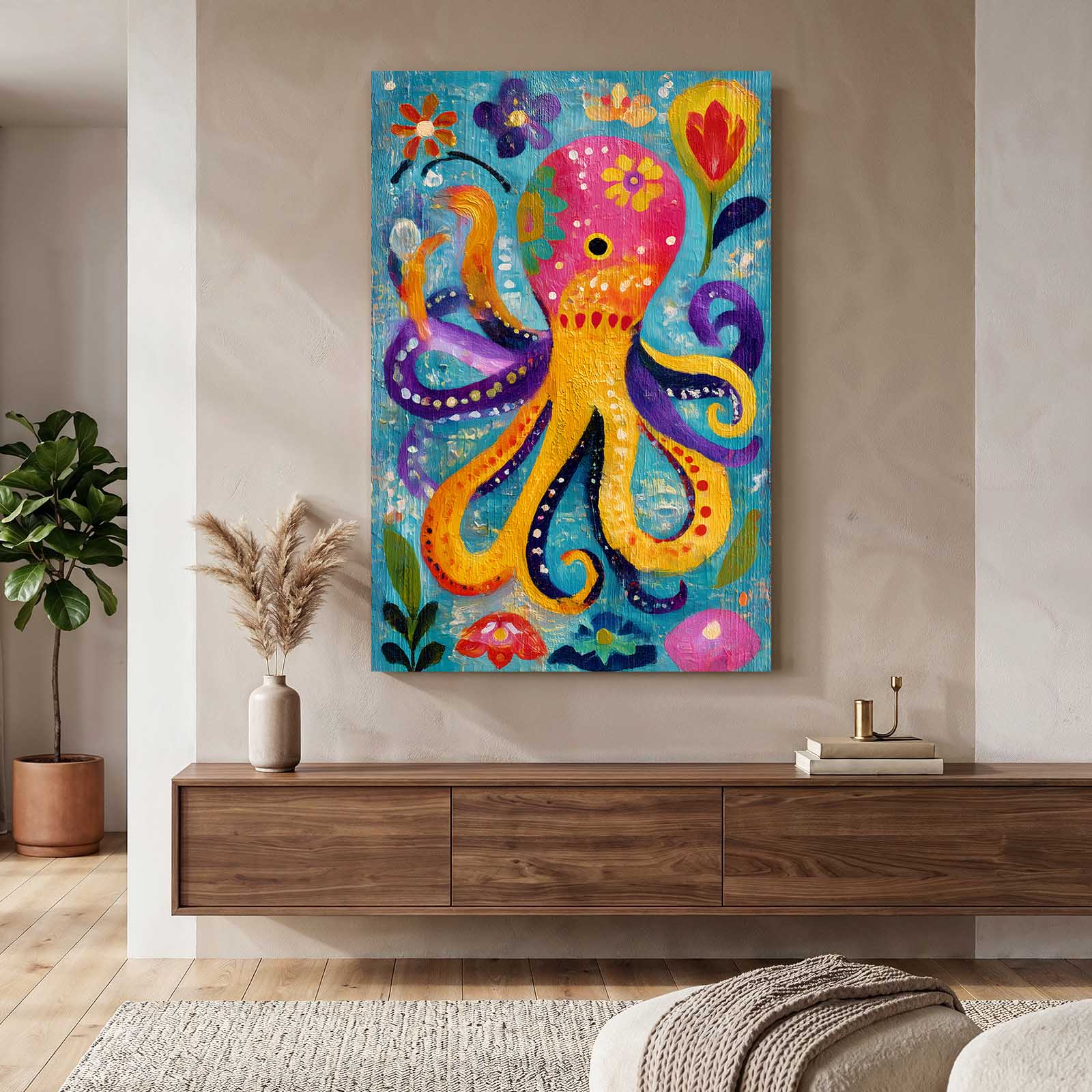 Folk Garden Bloom Octopus Wall Decor – styled in a furnished interior