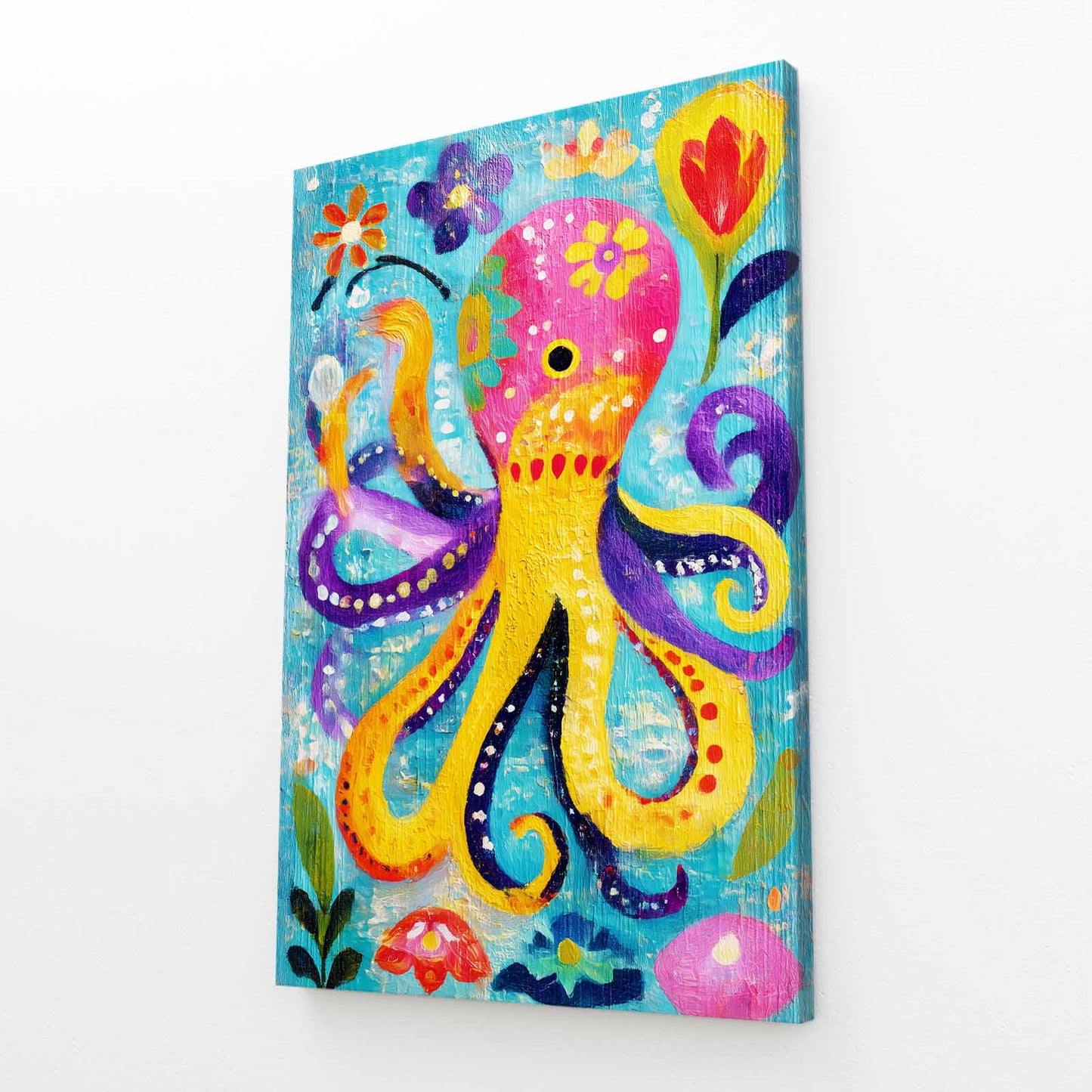 Folk Garden Bloom Octopus Wall Decor – angled canvas view on white background