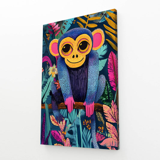 Folk Jungle Bloom Monkey Canvas Art – angled canvas view on white background