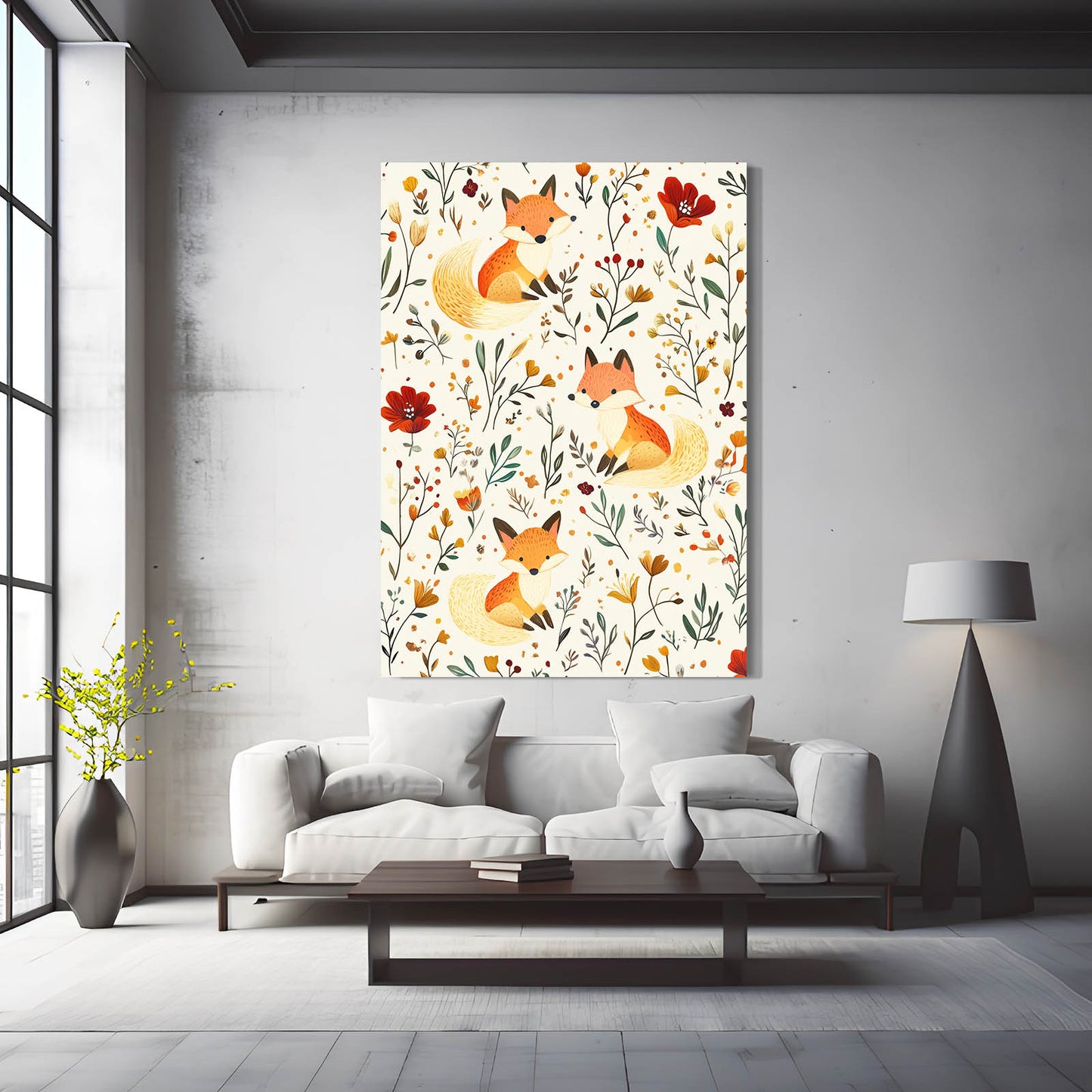 Folk Meadow Pattern Fox Wall Art — contemporary canvas print, styled in a furnished interior