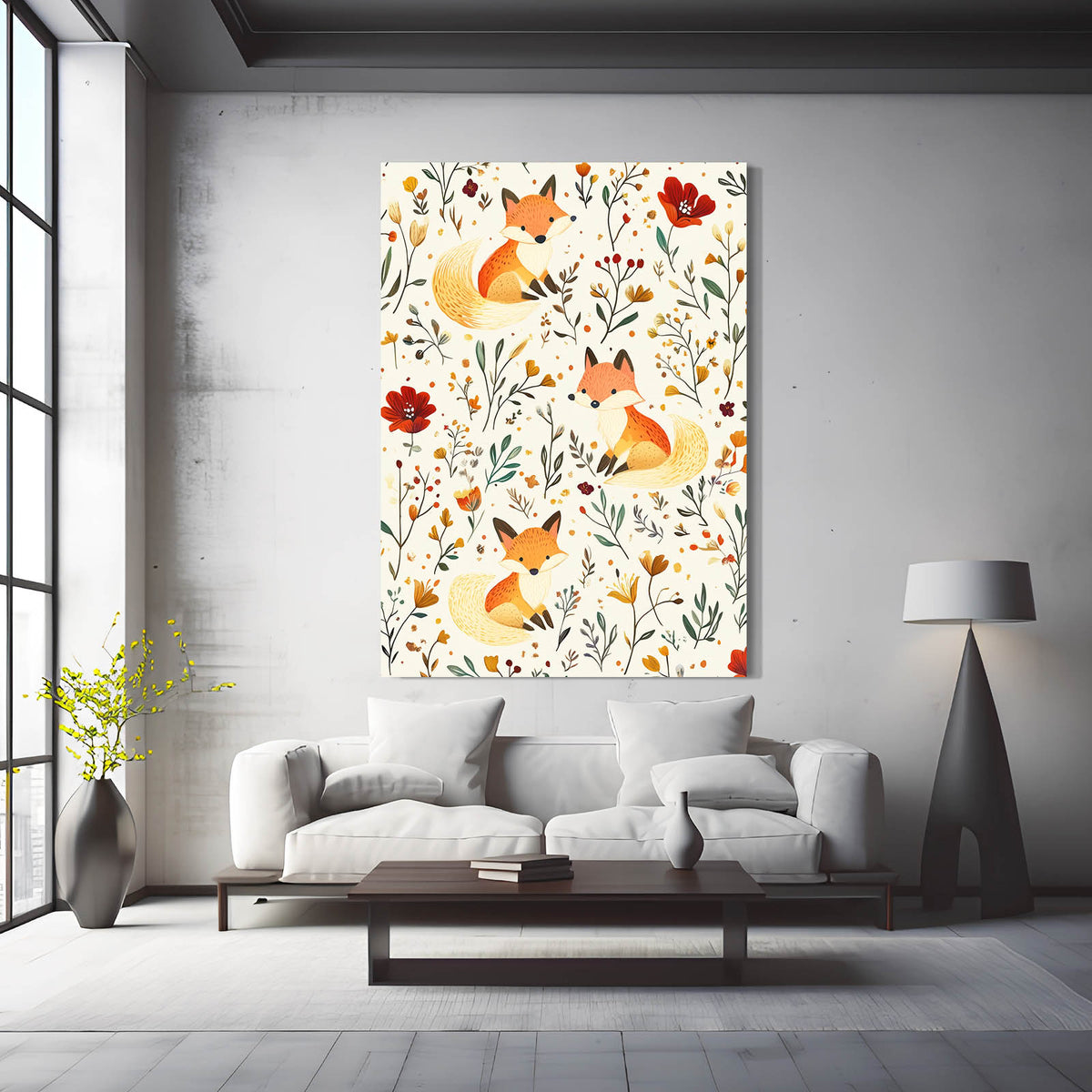 Folk Meadow Pattern Fox Wall Art — contemporary canvas print, styled in a furnished interior