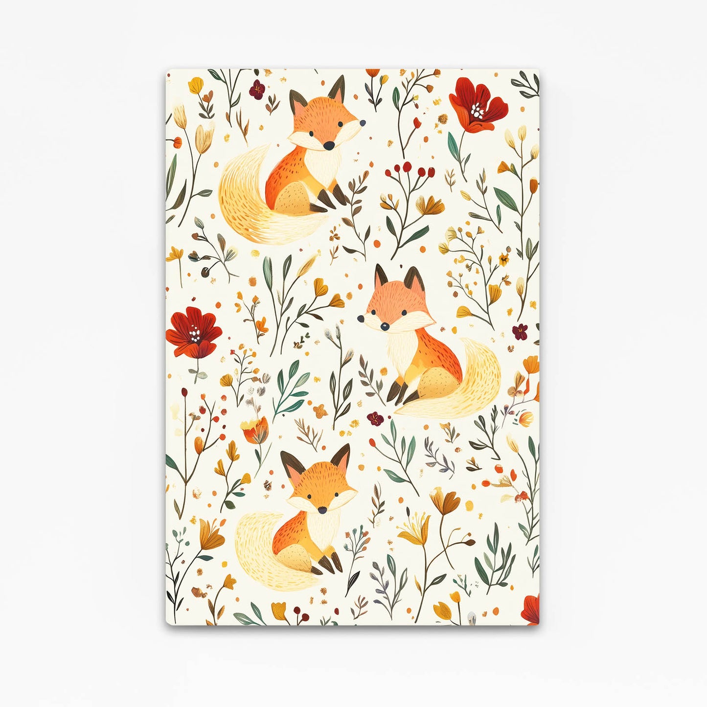 Folk Meadow Pattern Fox Wall Art — contemporary canvas print, angled canvas view on white background