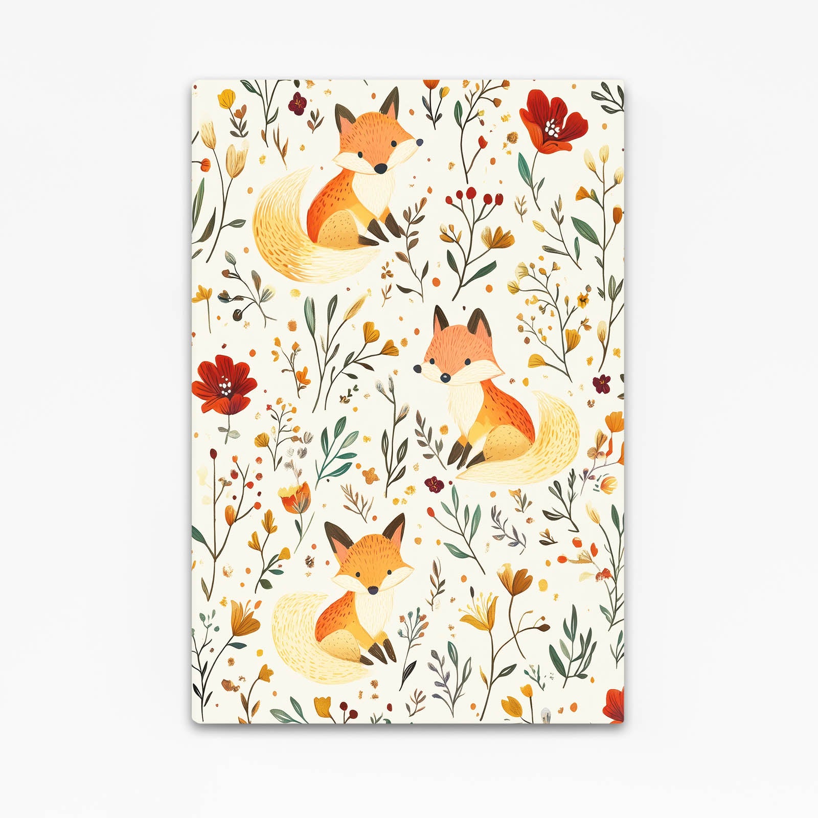 Folk Meadow Pattern Fox Wall Art — contemporary canvas print, angled canvas view on white background