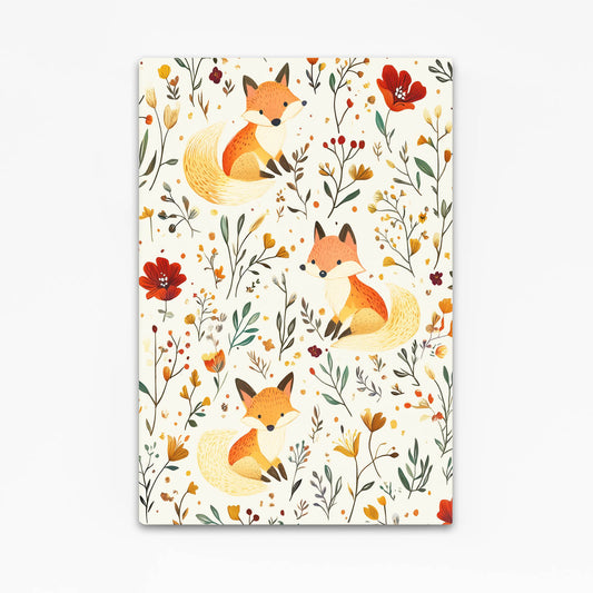 Folk Meadow Pattern Fox Wall Art — contemporary canvas print, angled canvas view on white background