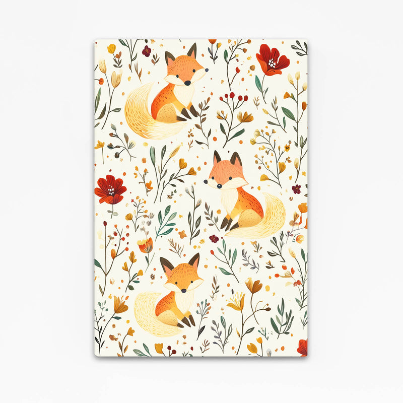 Folk Meadow Pattern Fox Wall Art — contemporary canvas print, angled canvas view on white background