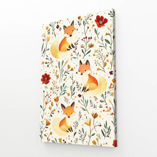 Folk Meadow Pattern Fox Wall Art — contemporary canvas print, angled canvas view on white background