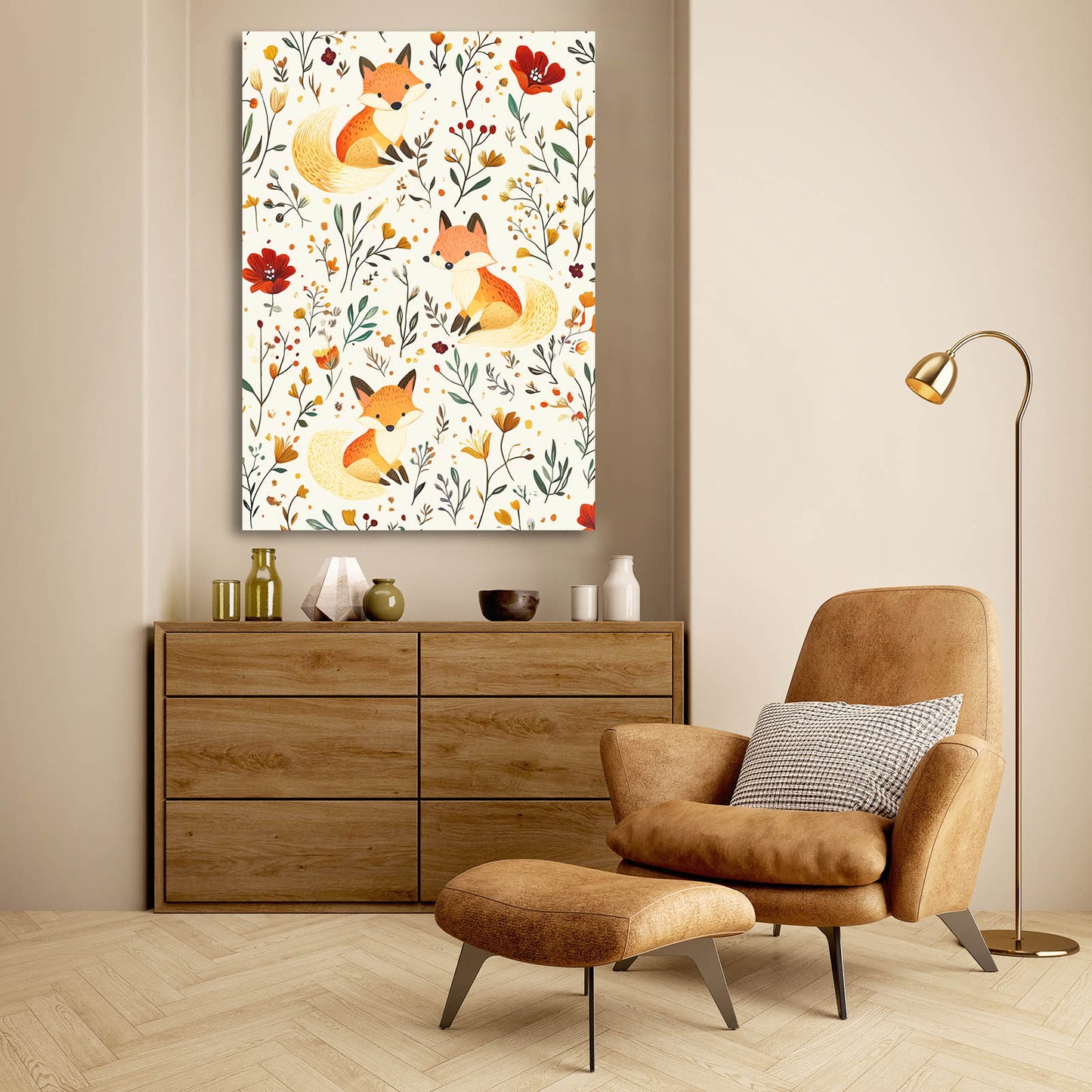 Folk Meadow Pattern Fox Wall Art — contemporary canvas print, styled in a furnished interior