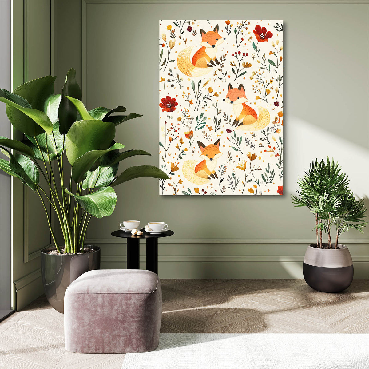 Folk Meadow Pattern Fox Wall Art — contemporary canvas print, styled in a furnished interior
