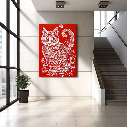Folk Pattern Cat Wall Art — cultural art canvas print in red tones, view 3