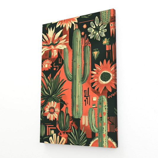 Folk Pattern Terracotta Cactus Art – angled canvas view on white background