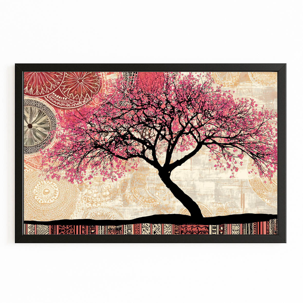 Folk Pattern Tree Cherry Blossom Wall Decor – with Premium Black frame on white background