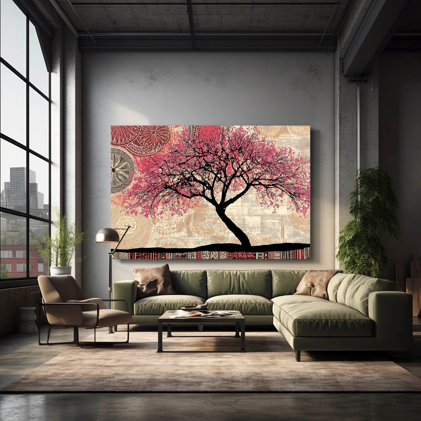 Folk Pattern Tree Cherry Blossom Wall Decor – styled in a furnished interior