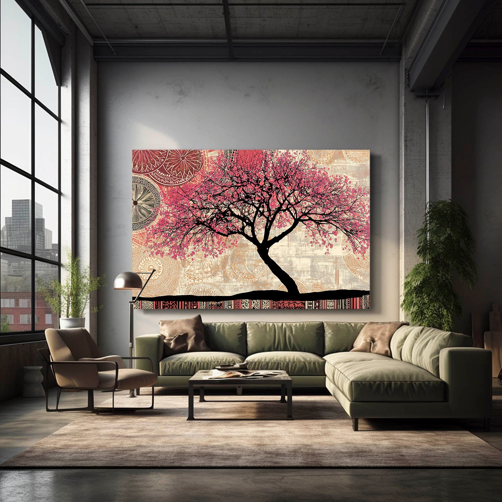 Folk Pattern Tree Cherry Blossom Wall Decor – styled in a furnished interior