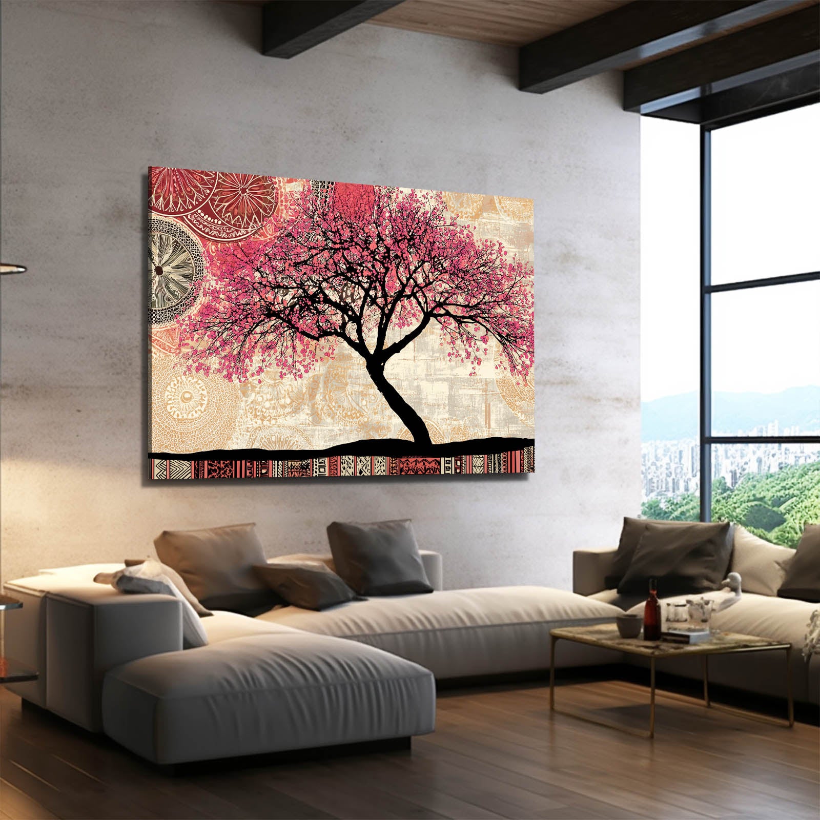 Folk Pattern Tree Cherry Blossom Wall Decor – styled in a furnished interior