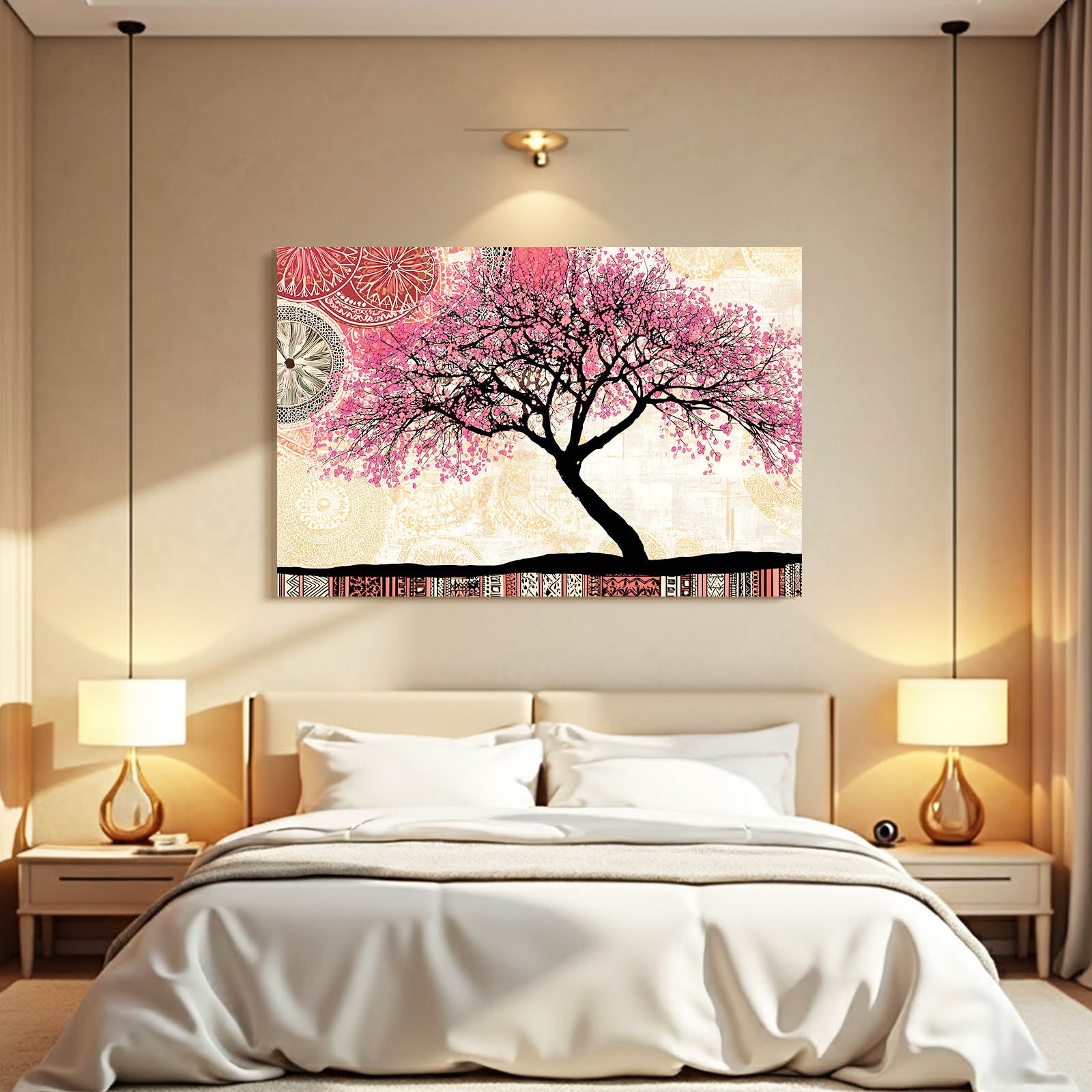 Folk Pattern Tree Cherry Blossom Wall Decor – styled in a furnished interior