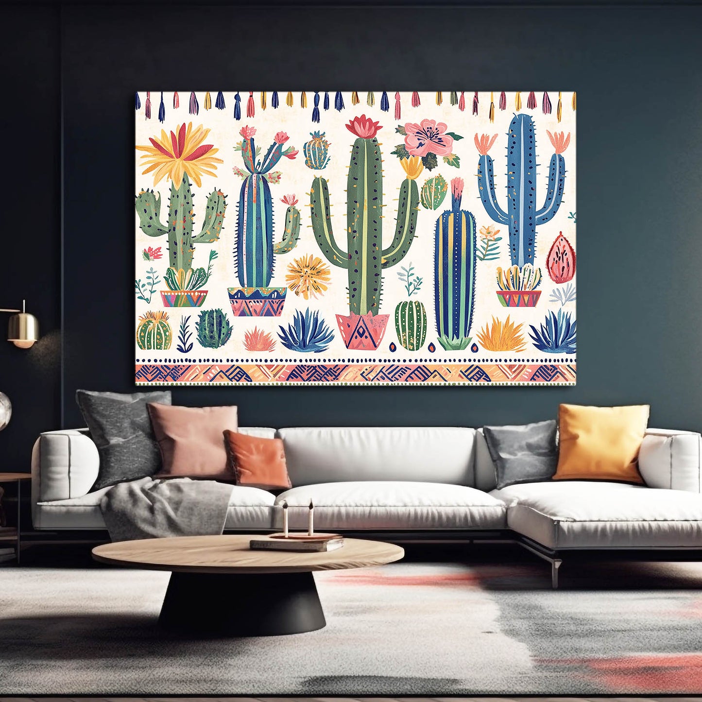 Folk Row Pattern Cactus Art – styled in a furnished interior