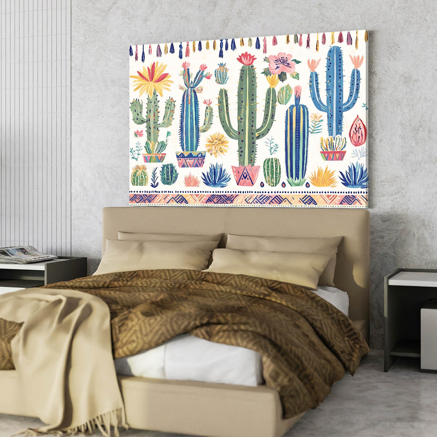 Folk Row Pattern Cactus Art – styled in a furnished interior