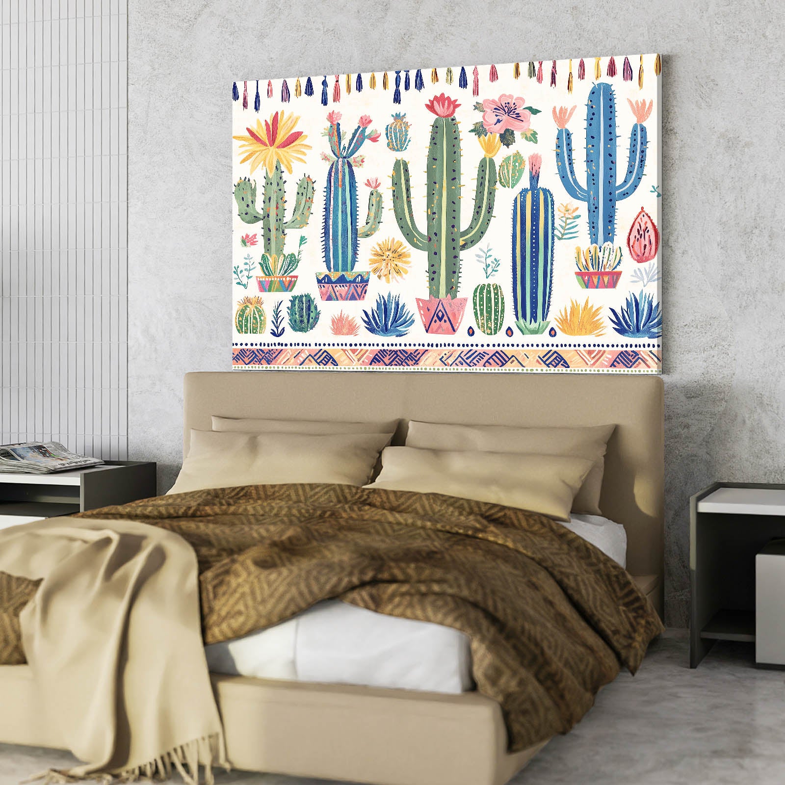 Folk Row Pattern Cactus Art – styled in a furnished interior