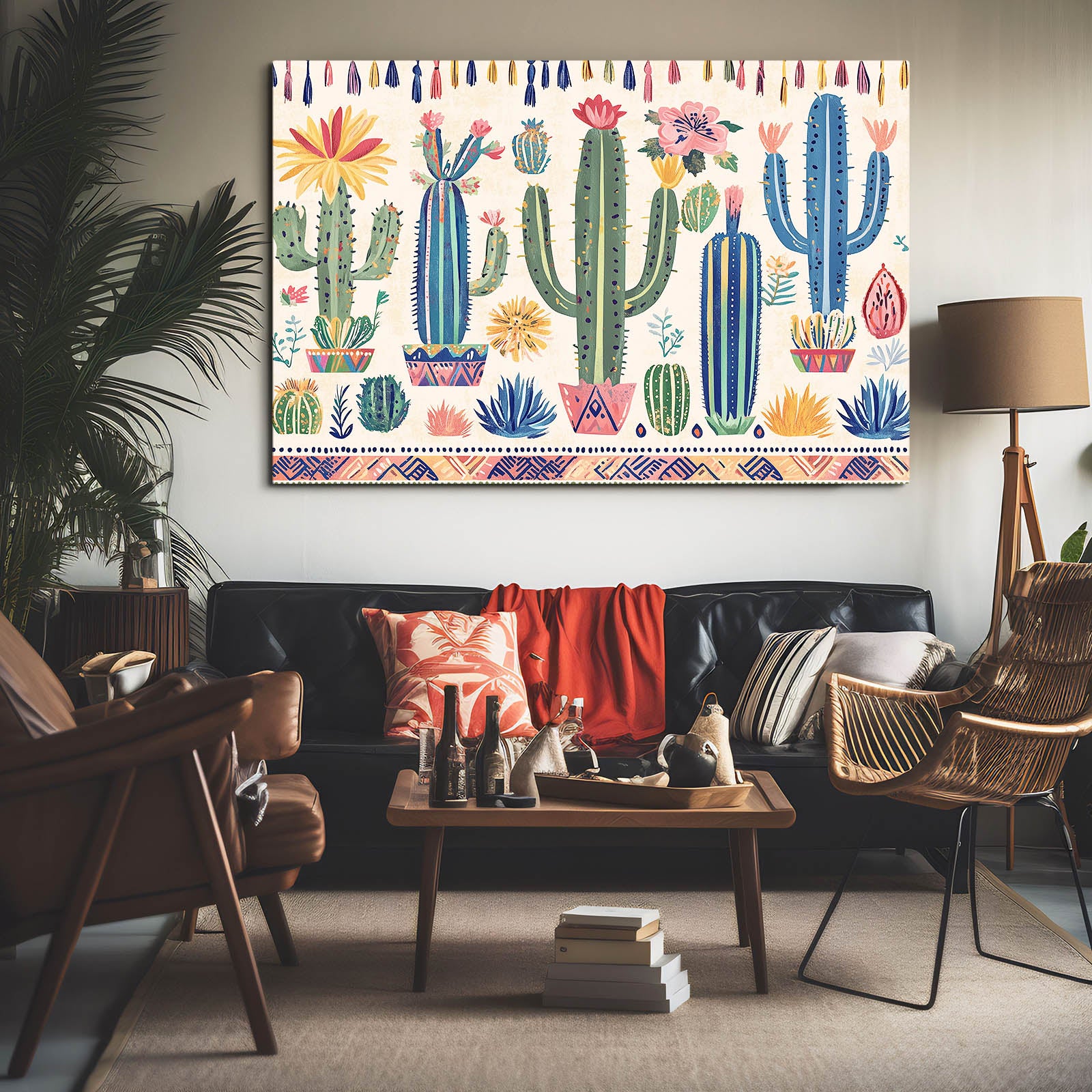 Folk Row Pattern Cactus Art – styled in a furnished interior