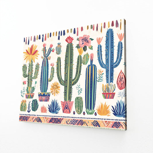 Folk Row Pattern Cactus Art — contemporary canvas print, angled canvas view on white background
