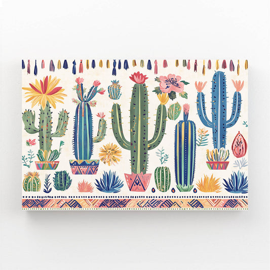 Folk Row Pattern Cactus Art — contemporary canvas print, angled canvas view on white background