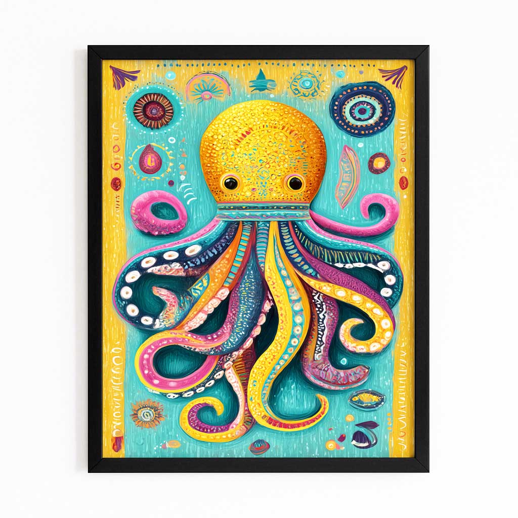 Folk Sun Totem Octopus Art – with Premium Black frame on white background