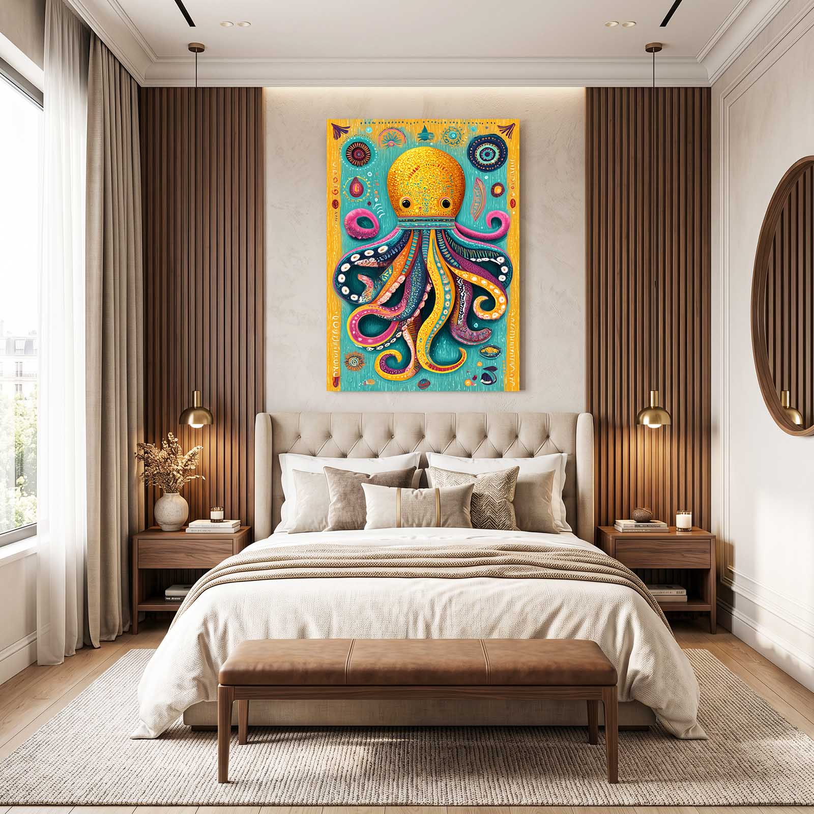 Folk Sun Totem Octopus Art – styled in a furnished interior