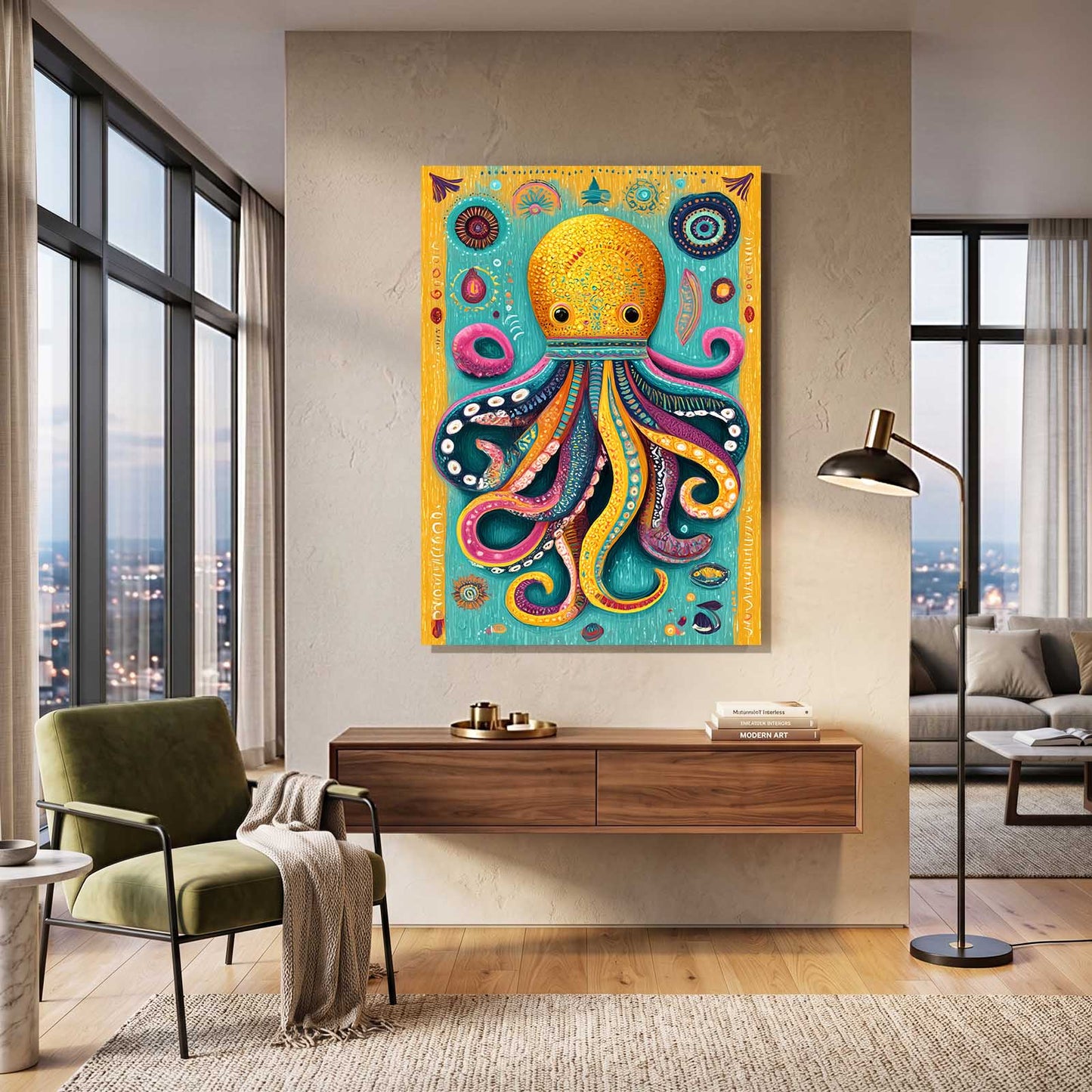 Folk Sun Totem Octopus Art – styled in a furnished interior