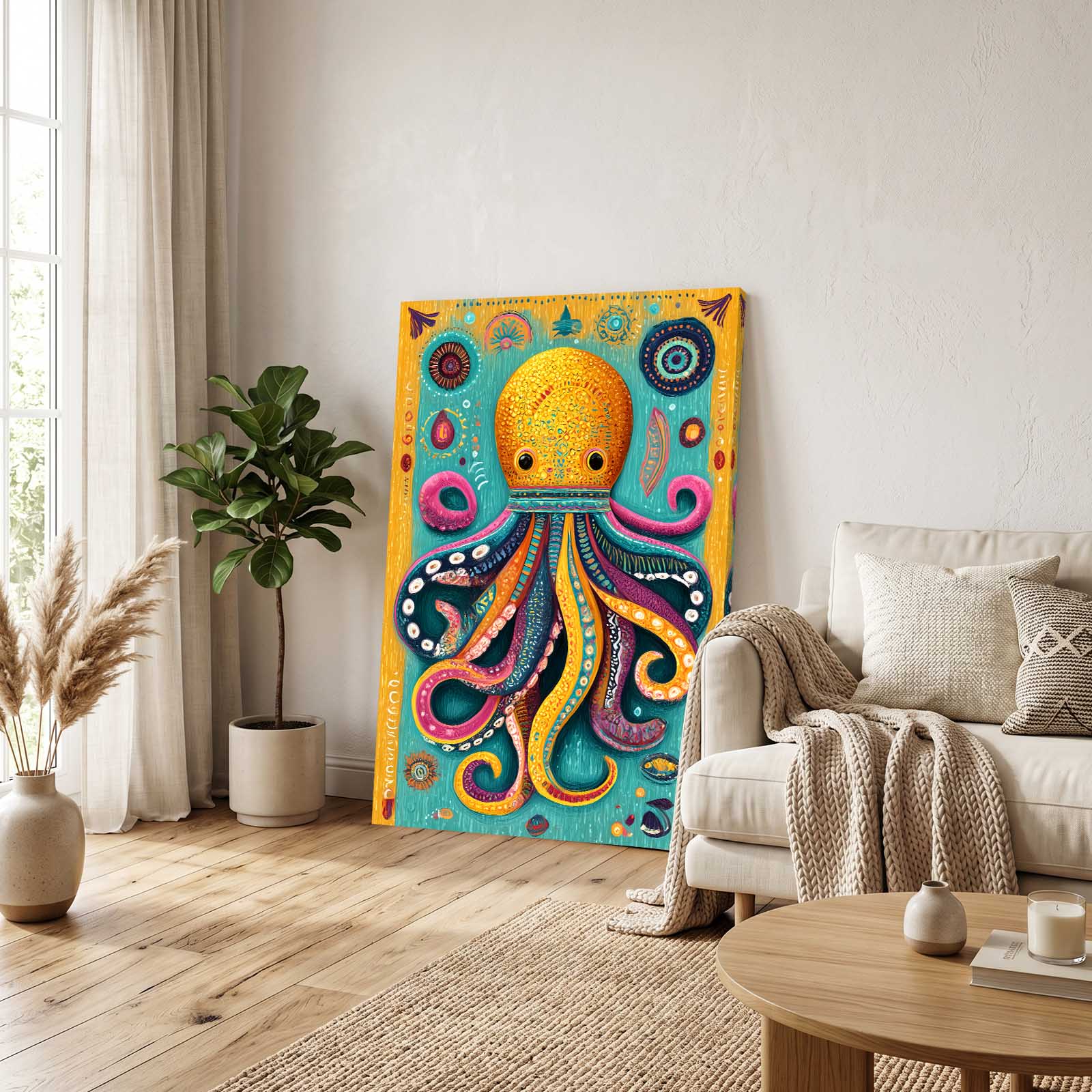 Folk Sun Totem Octopus Art – styled in a furnished interior
