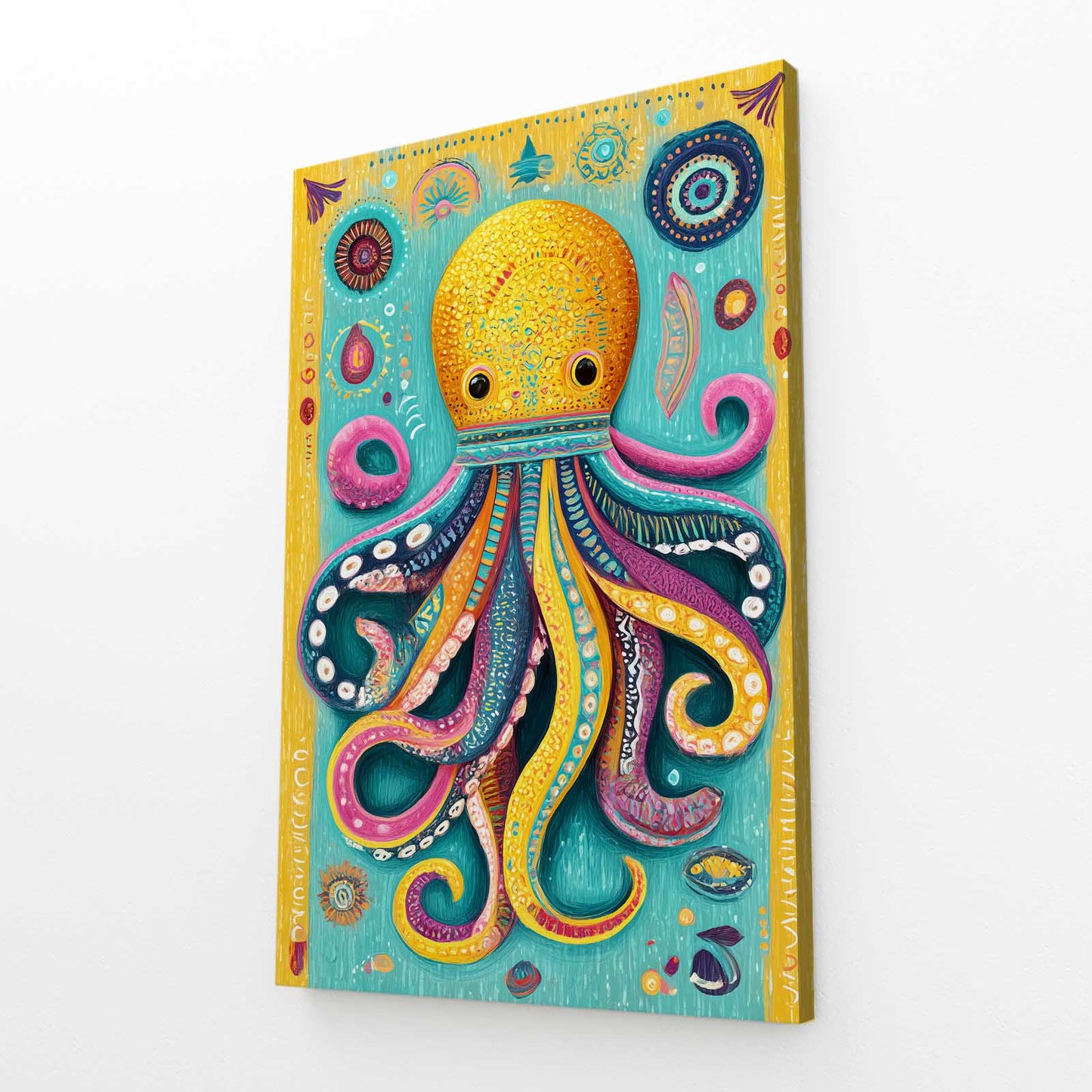 Folk Sun Totem Octopus Art – angled canvas view on white background