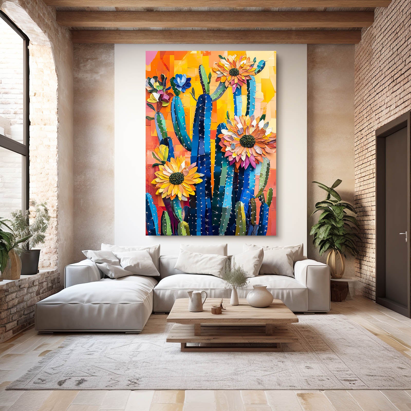Folk Sunflower Bloom Cactus Prints – styled in a furnished interior