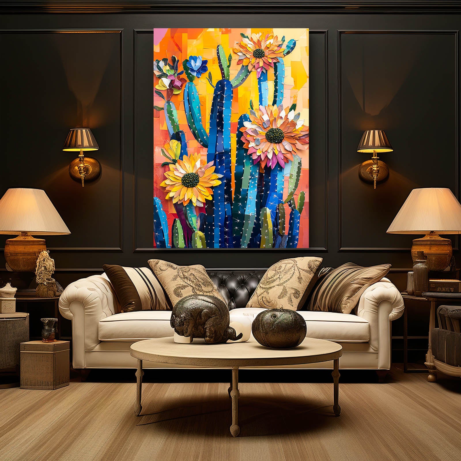 Folk Sunflower Bloom Cactus Prints – styled in a furnished interior