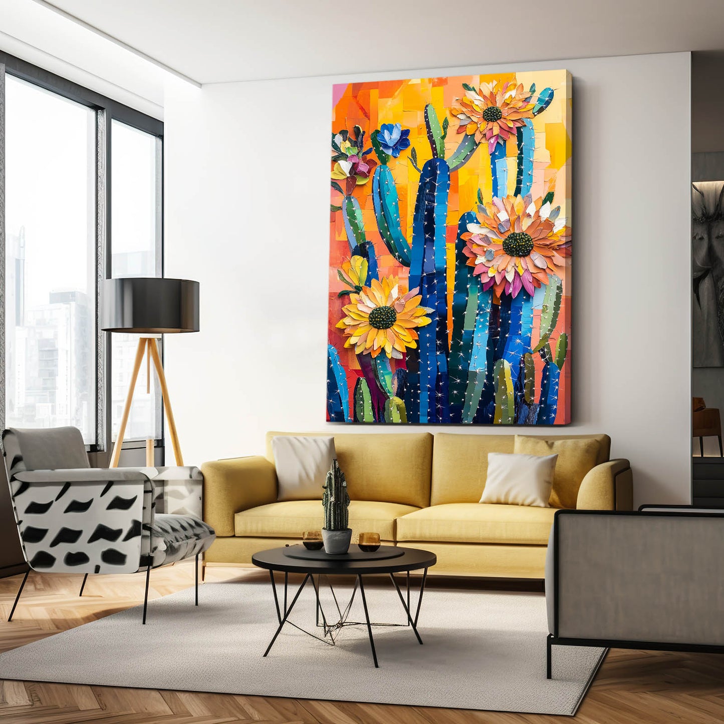 Folk Sunflower Bloom Cactus Prints – styled in a furnished interior