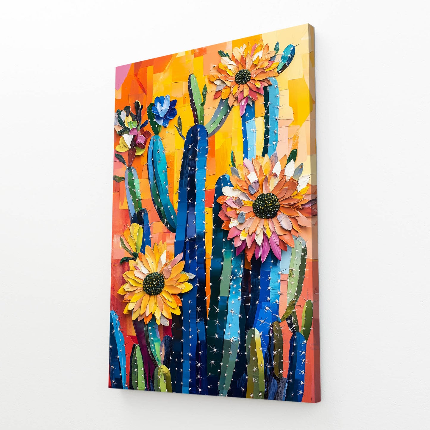 Folk Sunflower Bloom Cactus Prints – angled canvas view on white background