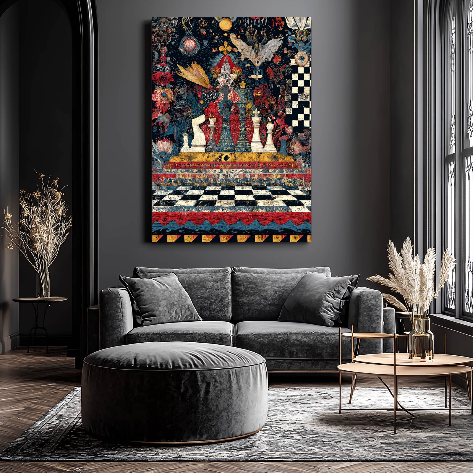 Folk Tarot Court Chess Canvas – styled in a furnished interior