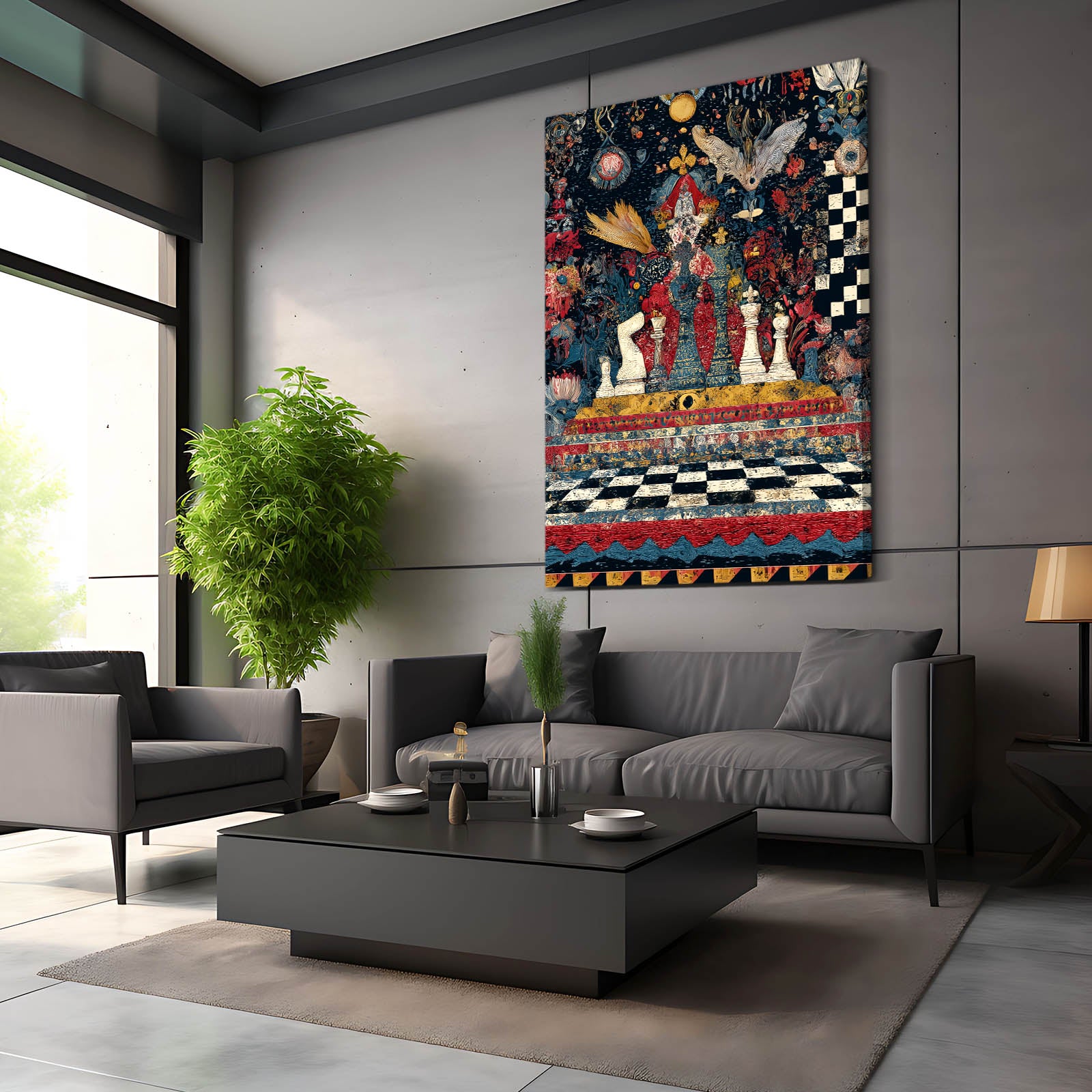 Folk Tarot Court Chess Canvas – styled in a furnished interior
