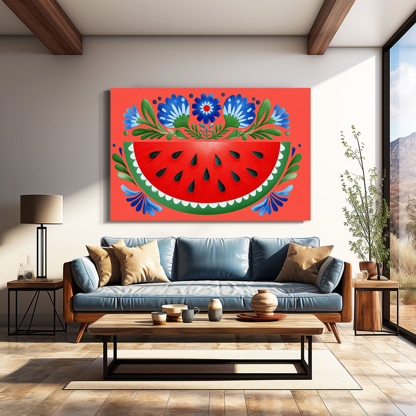 Folk Watermelon Slice Fruit Art – styled in a furnished interior