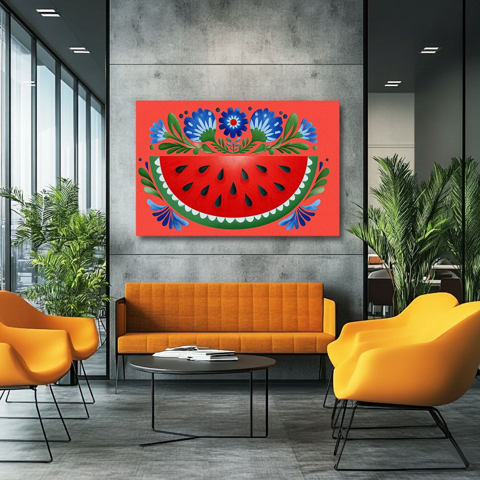 Folk Watermelon Slice Fruit Art – styled in a furnished interior