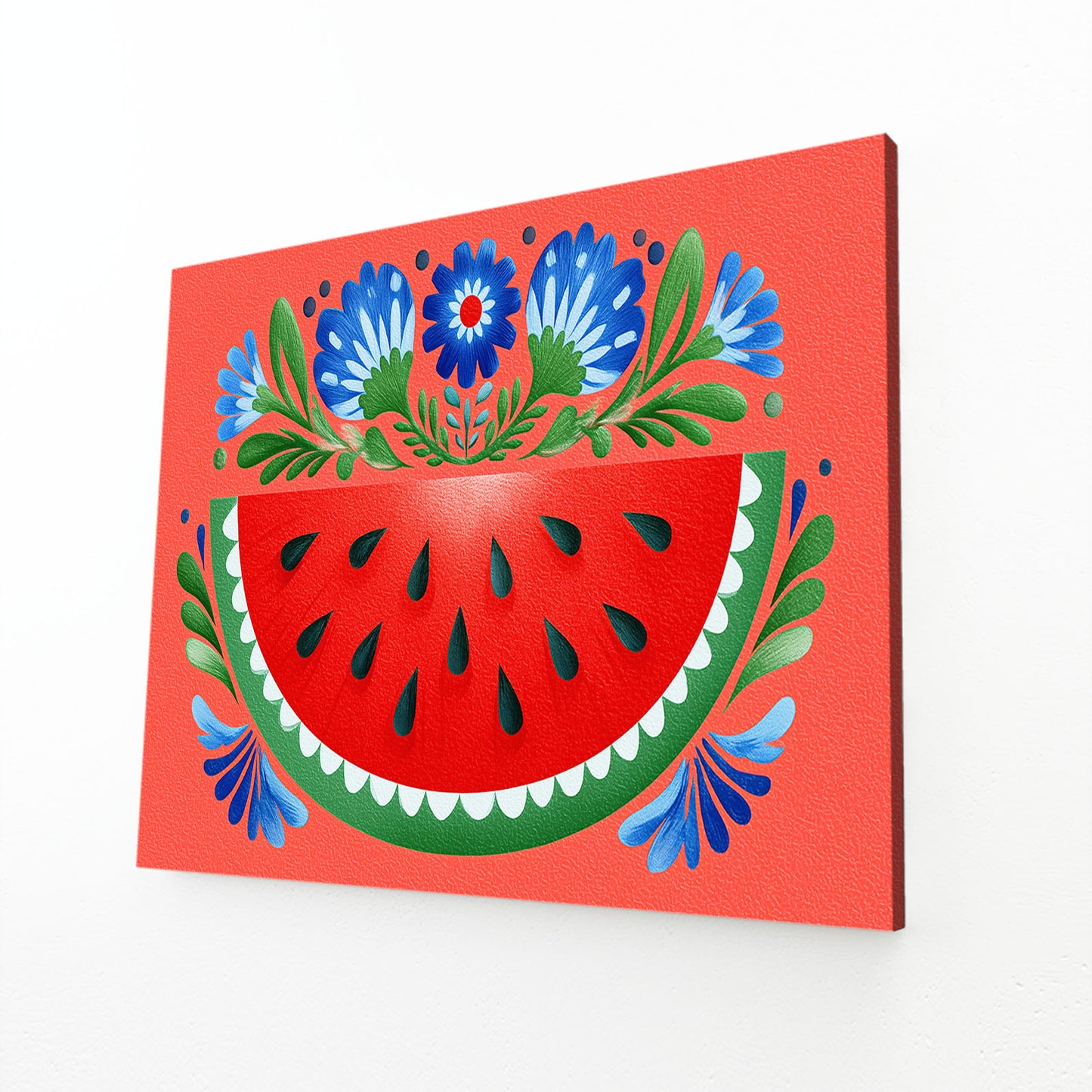 Folk Watermelon Slice Fruit Art – angled canvas view on white background