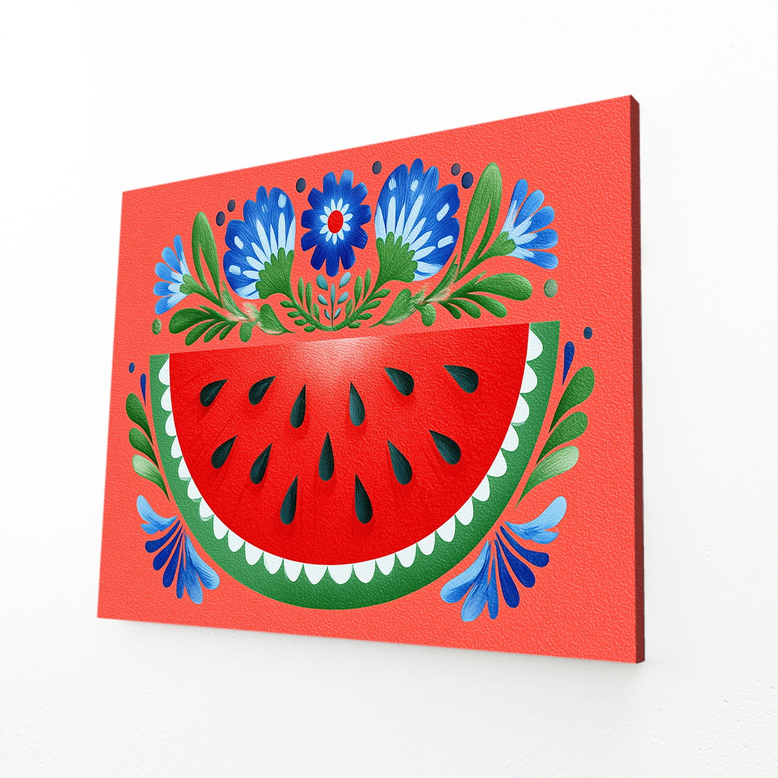 Folk Watermelon Slice Fruit Art – angled canvas view on white background