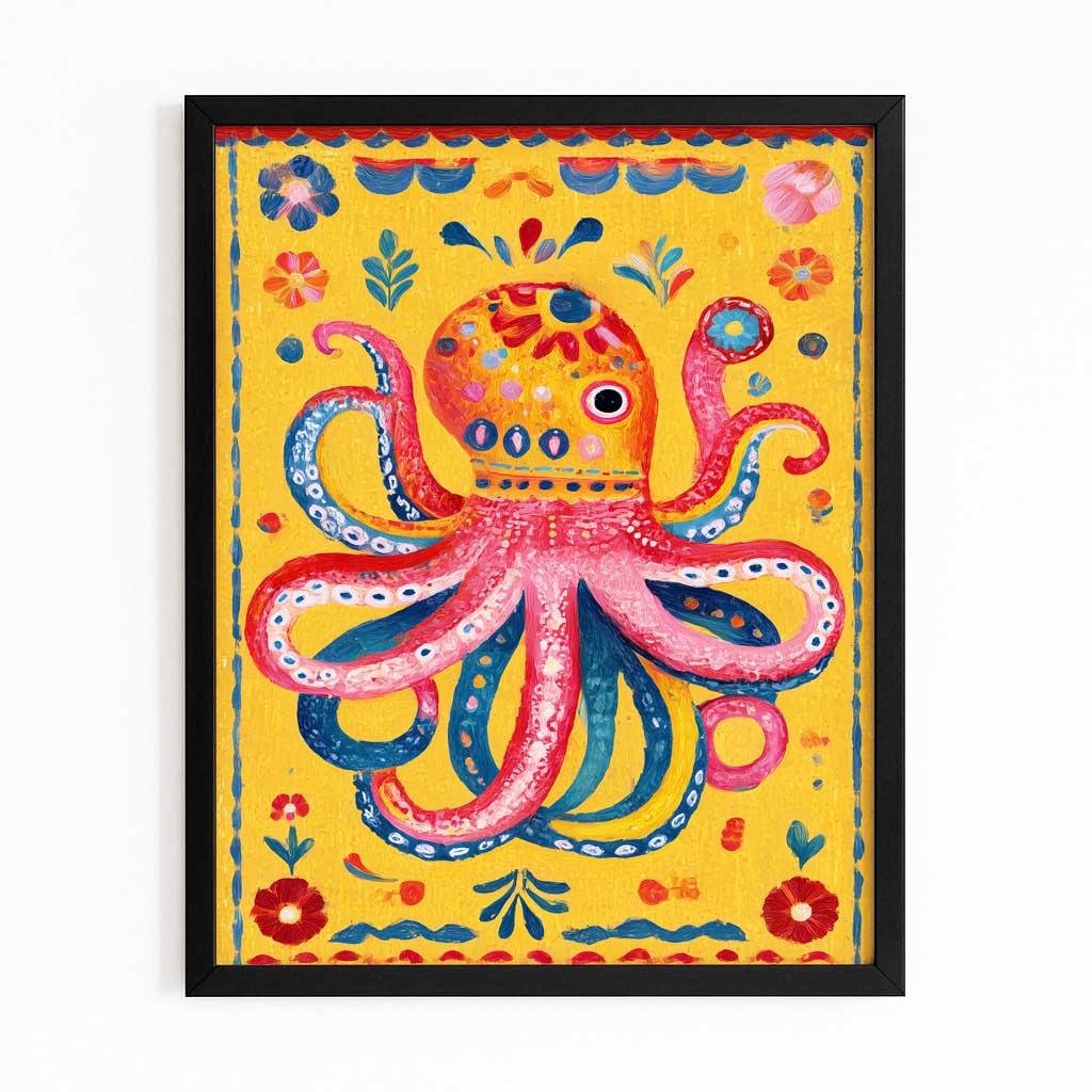Folk Yellow Panel Octopus Prints – with Premium Black frame on white background