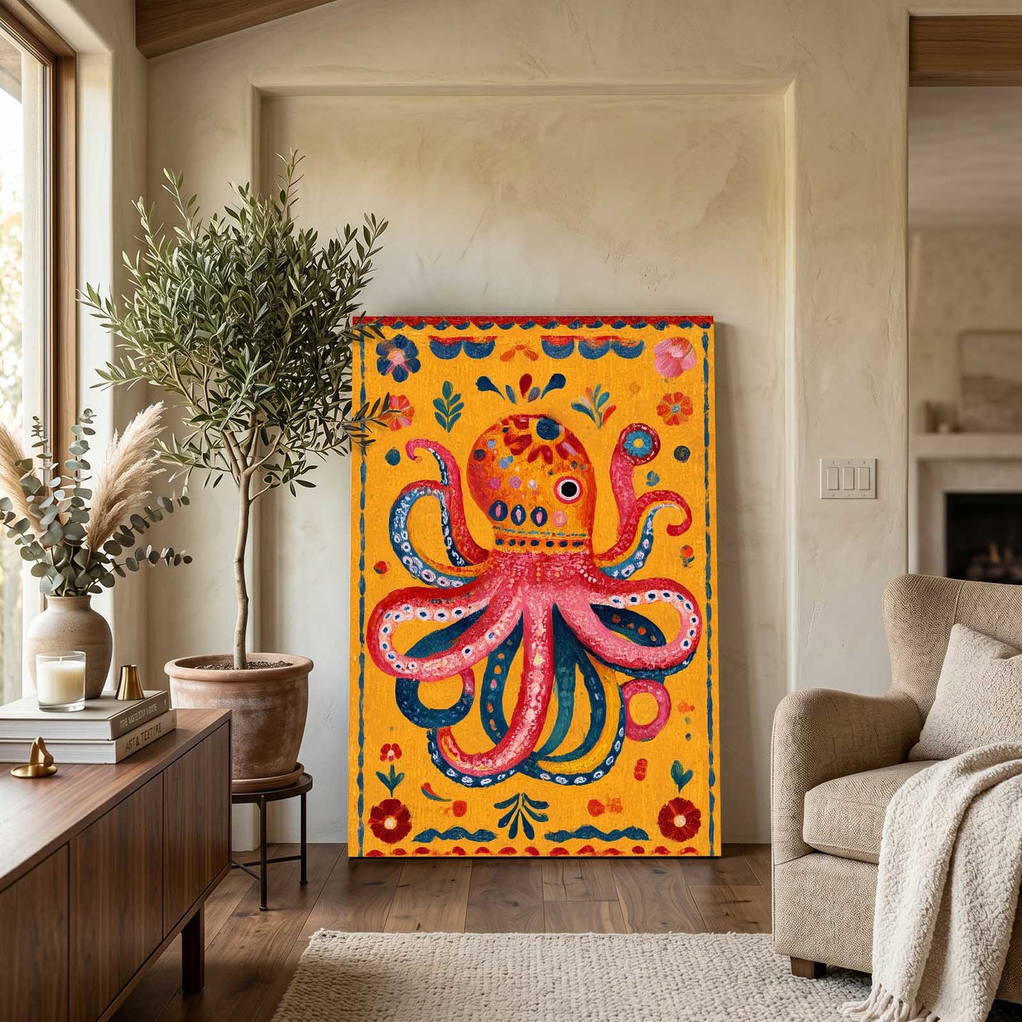 Folk Yellow Panel Octopus Prints – styled in a furnished interior