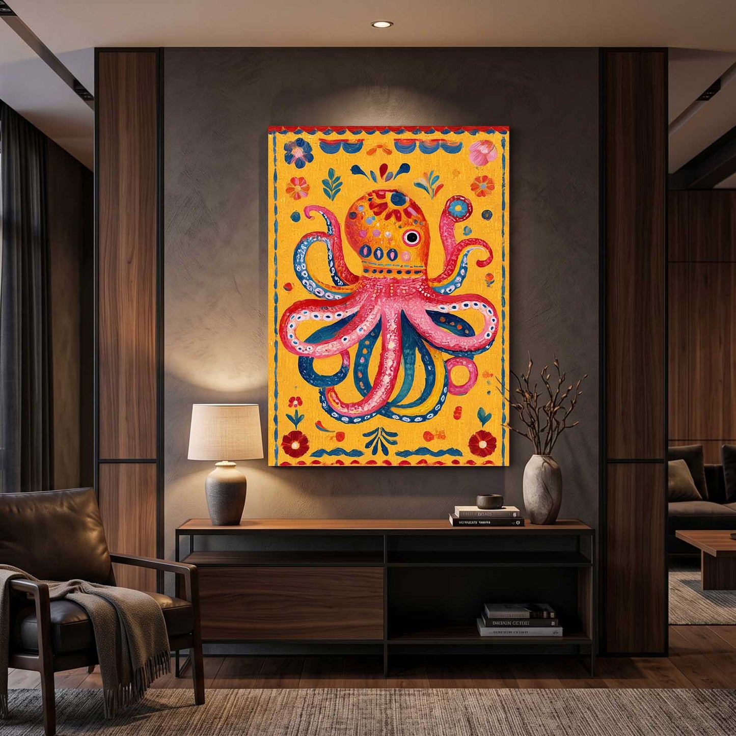 Folk Yellow Panel Octopus Prints – styled in a furnished interior