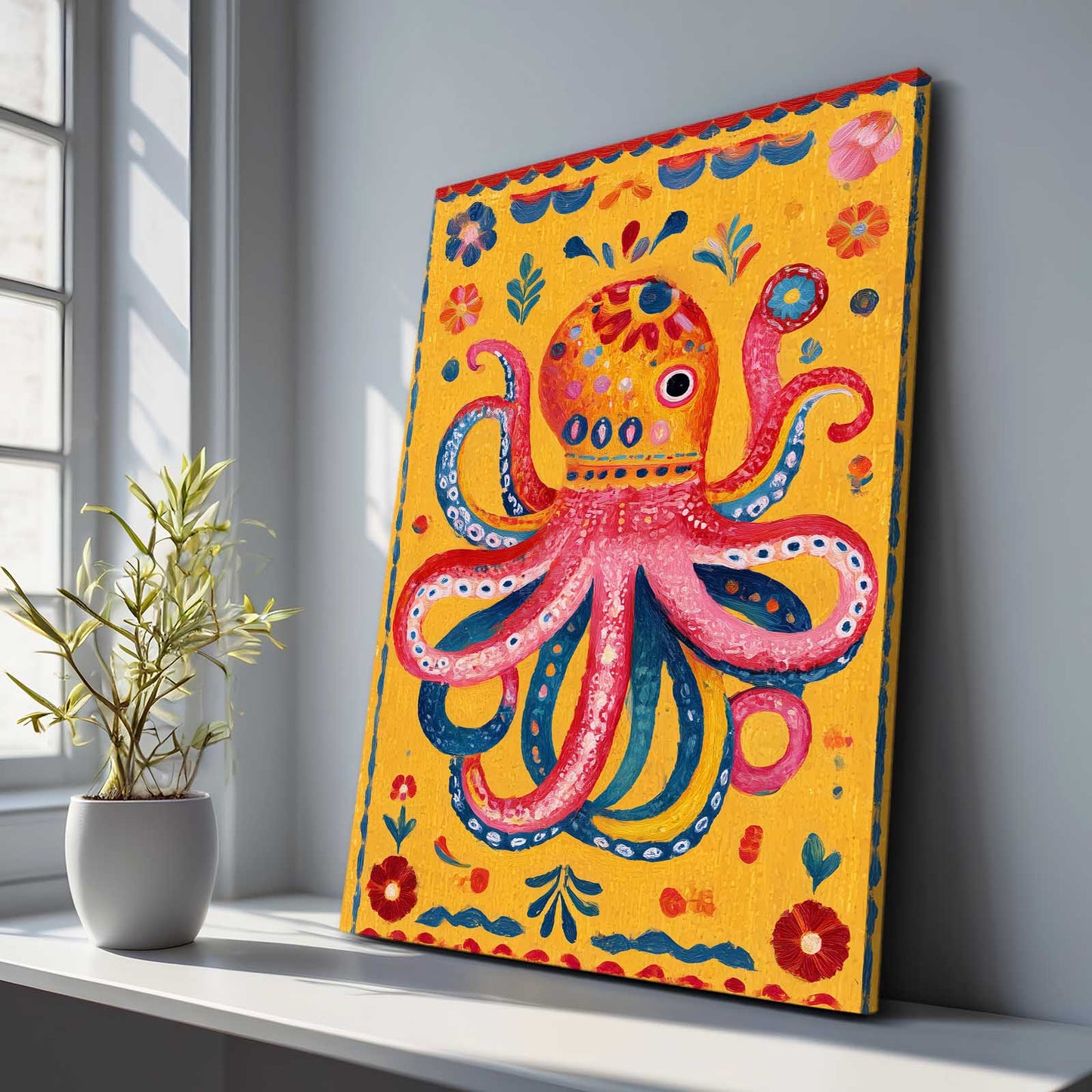 Folk Yellow Panel Octopus Prints – styled in a furnished interior