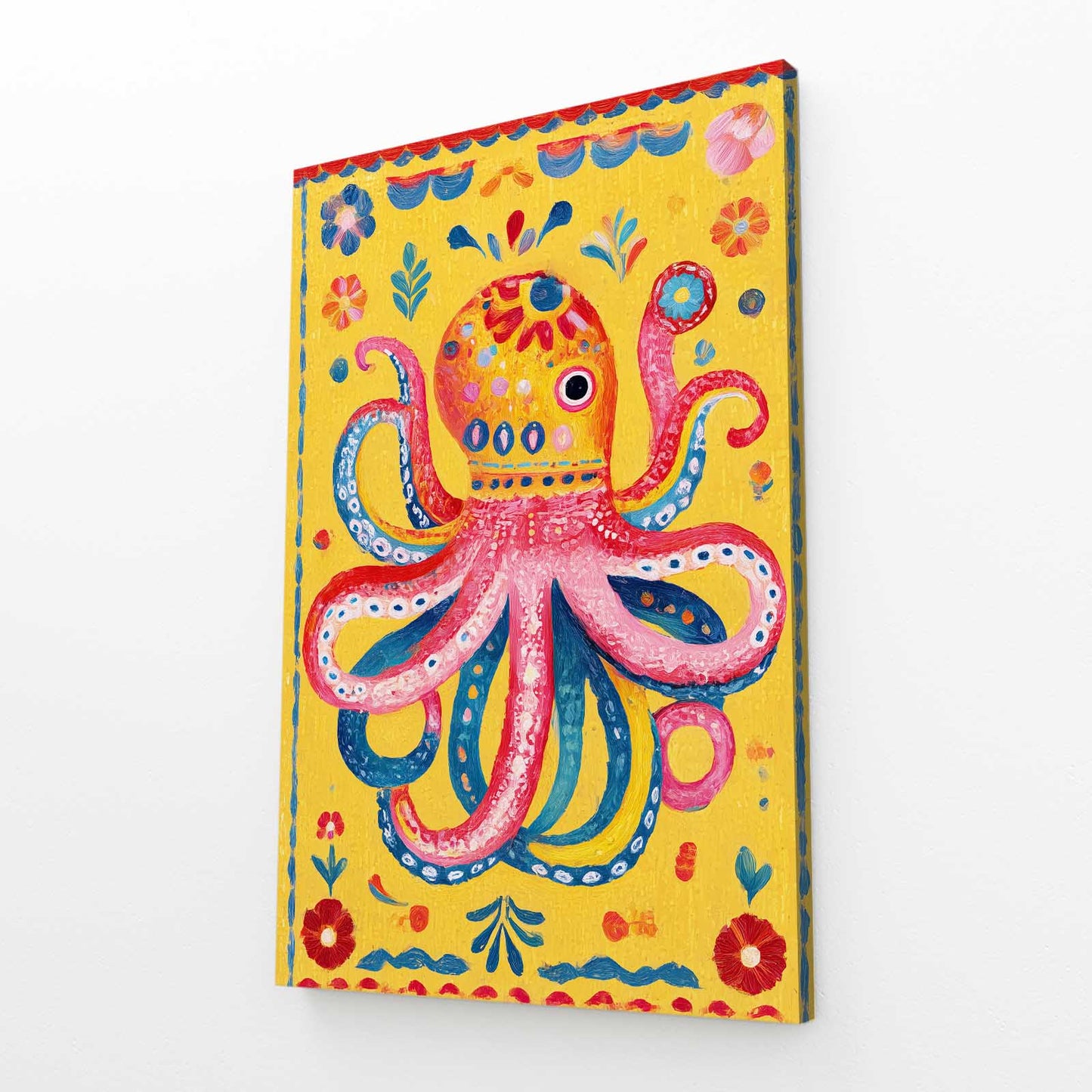 Folk Yellow Panel Octopus Prints – angled canvas view on white background