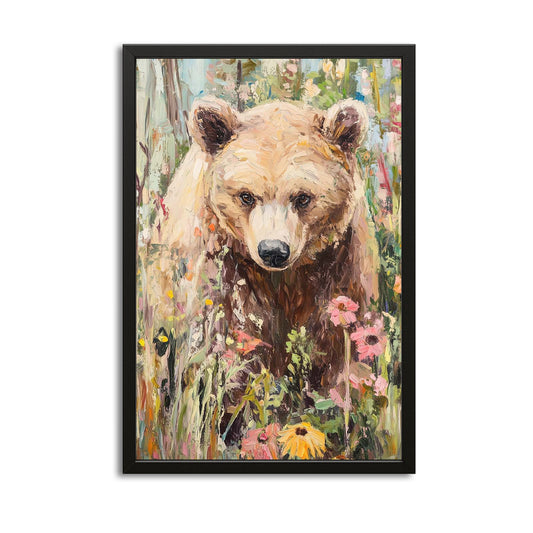 Forest Bear Art — contemporary canvas print in orange tones, with Premium Black frame on white background