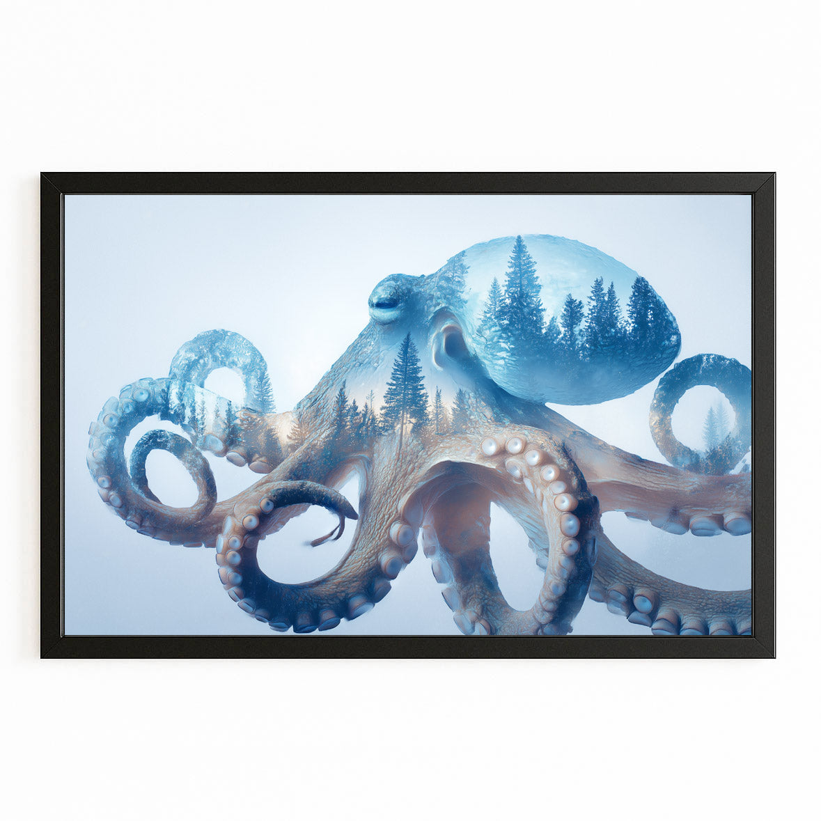 Forest Double Exposure Octopus Canvas Art – with Premium Black frame on white background