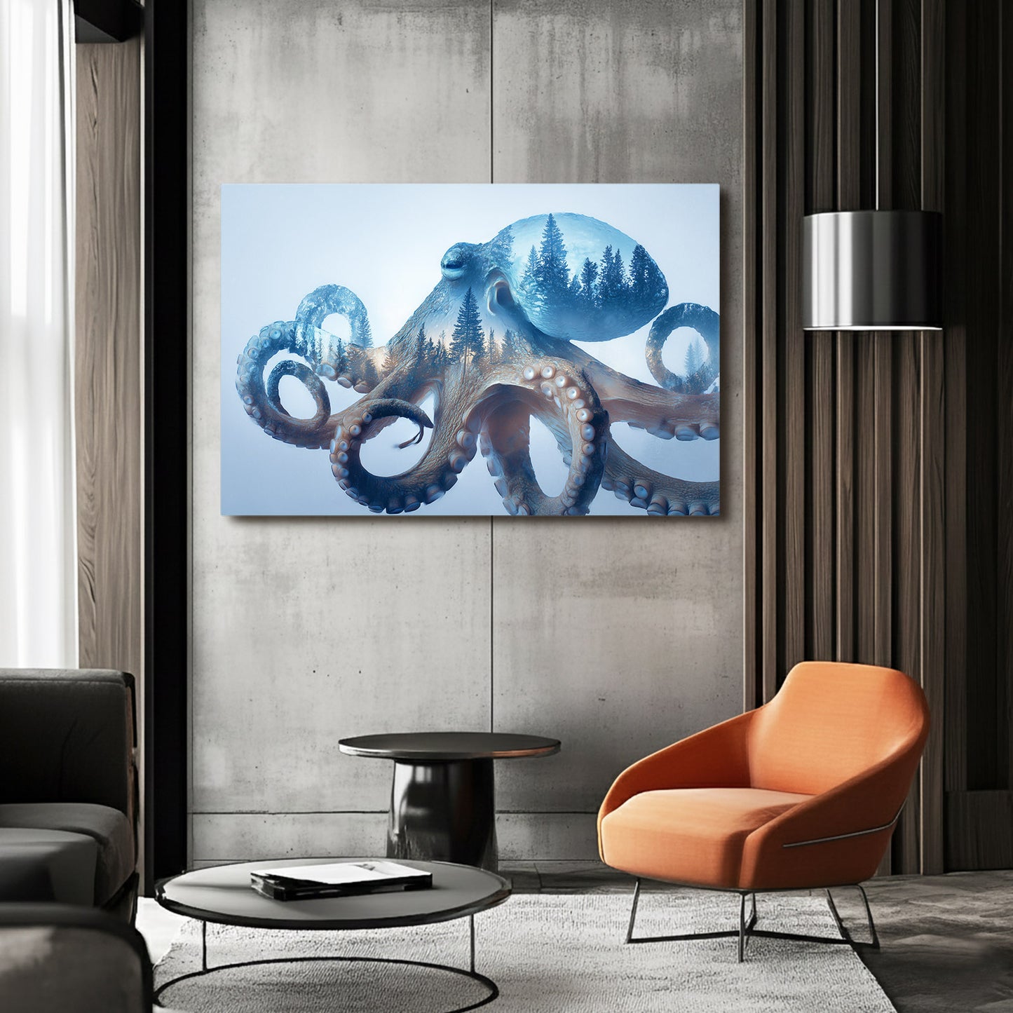 Forest Double Exposure Octopus Canvas Art – styled in a furnished interior