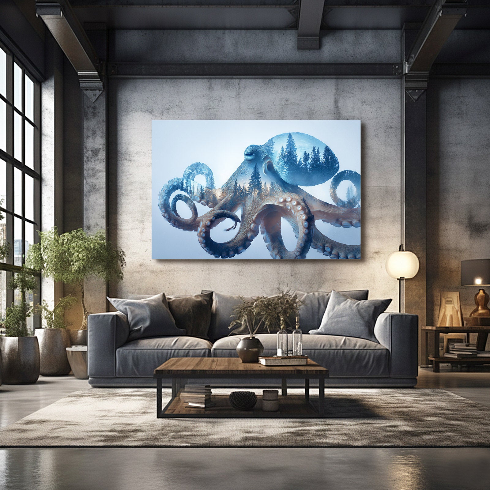 Forest Double Exposure Octopus Canvas Art – styled in a furnished interior