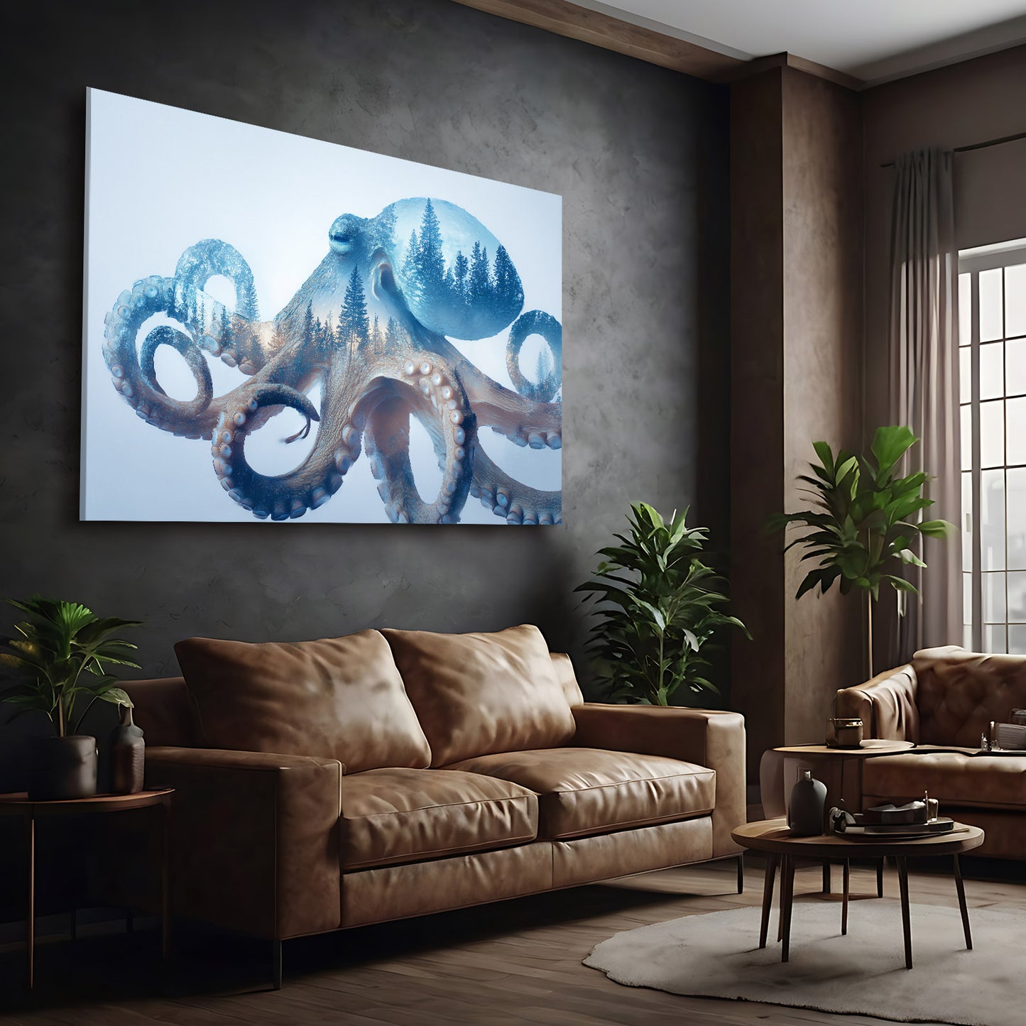 Forest Double Exposure Octopus Canvas Art – styled in a furnished interior